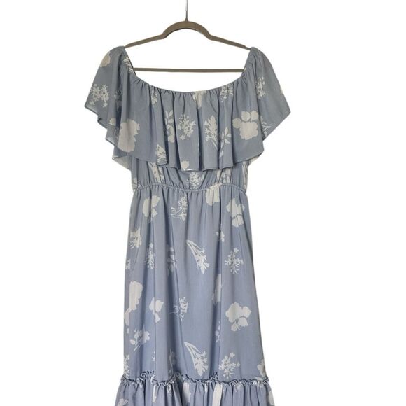 GIANNI BINI Blue and White Ruffled Off-Shoulder Midi Sundress - Picture 3 of 3